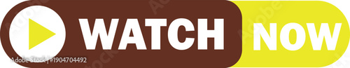 A graphic button with a play icon and the text "WATCH NOW" in white on brown and yellow backgrounds, designed for digital media interaction.