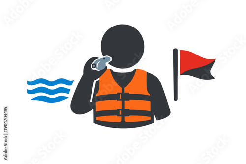 Lifeguard prepares to enforce safety rules at a beach while signaling swimmers with a whistle and watching a warning flag