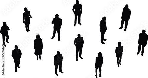 People silhouette crowd set isolated on white background, standing men and women top view poses for urban vector design