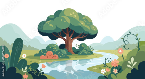 Large Green Tree Beside Serene River.