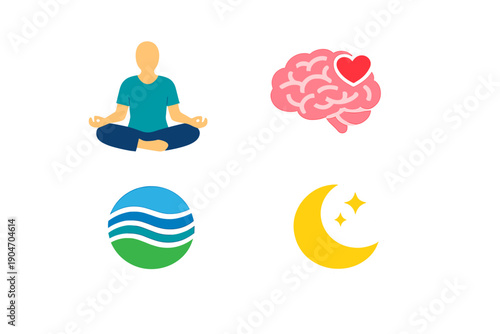 People engage in mindfulness and wellness practices, showing connectivity between mind, body, water, and moon, promoting health and balance in daily life