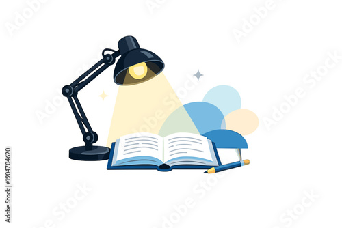 Reading takes place under a desk lamp as an open book sits beside a pencil and colored backgrounds fill the space