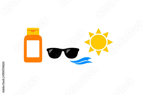 Sun protection items for a summer day at the beach with sunscreen, sunglasses, and sun shining bright on the waves