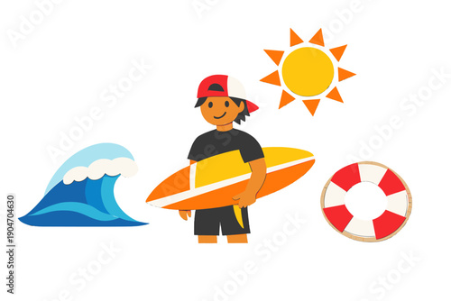 Boy with surfboard standing on the beach with waves, sun, and lifebuoy in a bright summer scene