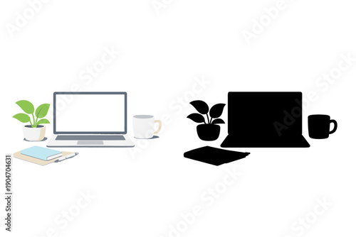 Workspace setup with a laptop, plants, and a cup on one side and a silhouette of items on the other side showing a creative office arrangement