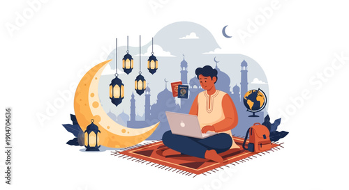 Man Sitting on Rug Using Laptop.