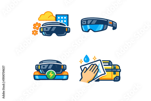 Developments in technology with smart glasses, focus on cleaning and maintenance tasks of devices happening in a modern workspace