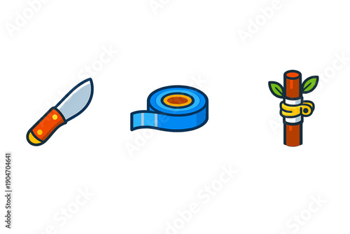 Tools for gardening and crafting that include a knife, tape, and a wooden stick for various tasks and projects at home