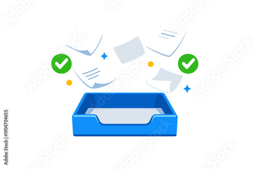 Documents are being sorted and organized in a blue tray with paper sheets flying and check marks appearing