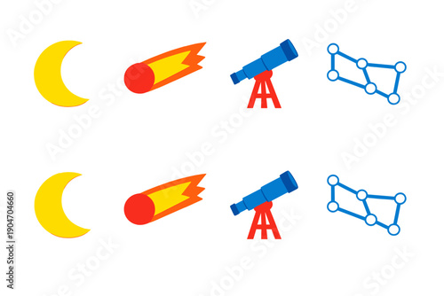 Icons showing celestial objects like the moon, comet, telescope, and constellations found in a simple graphic design meant for educational purposes