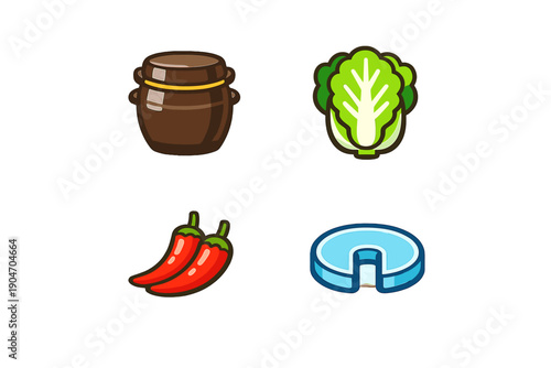 Different food items and kitchen tools are shown in a simple design with a jar, lettuce, chili peppers, and a cooking tool all placed together on a bright background