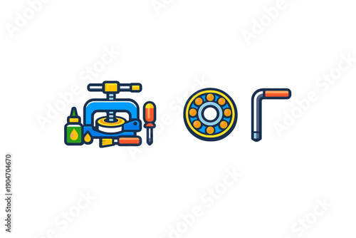 Tools for maintenance tasks shown with a press, lubricant, screwdriver, wheel bearing, and a wrench on a plain background during daylight