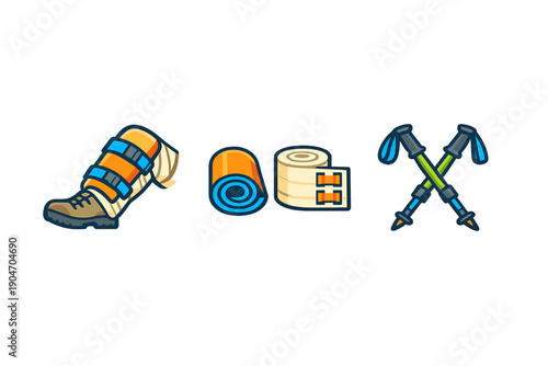 Hiking gear and first aid supplies are shown on a table ready for an outdoor adventure during the day in the mountains