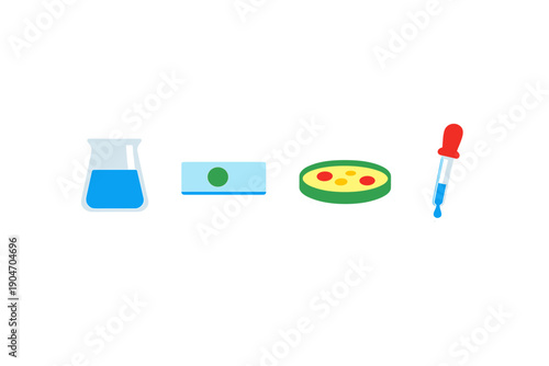 Laboratory equipment, a banknote, a plate with food, and a dropper shown together represent different concepts in a creative way