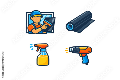 Worker finishes window cleaning with tools while preparing materials for home improvement project indoors in bright workshop