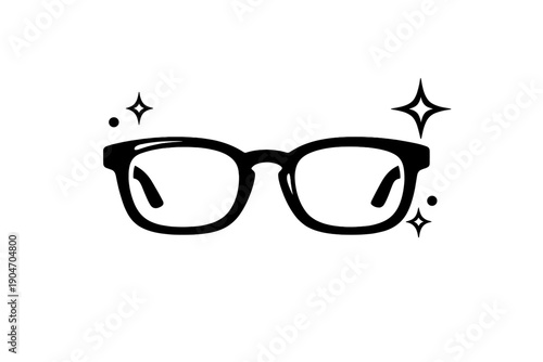 Stylish black glasses with reflective lenses and decorative sparkles on a white background represent modern eyewear trends for everyday use