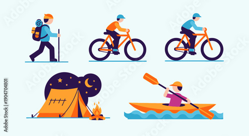Outdoor Activities Illustrations Featuring Cycling Hiking Camping.