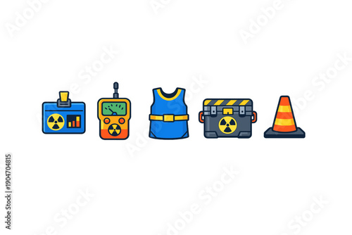 Various safety equipment and tools used in radiation protection and management displayed together in a clear setting for education and awareness purposes