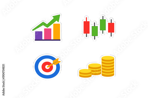 Graphs show growth and trading data along with targets and coins representing financial trends