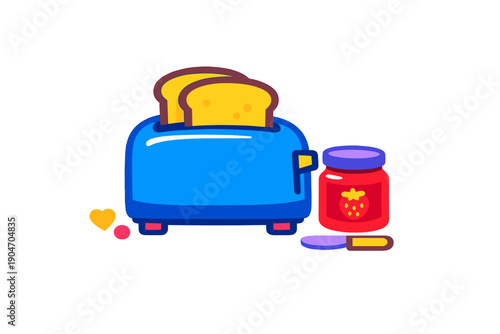 Toaster with two slices of bread and a jar of strawberry jam on a table in a kitchen at breakfast time