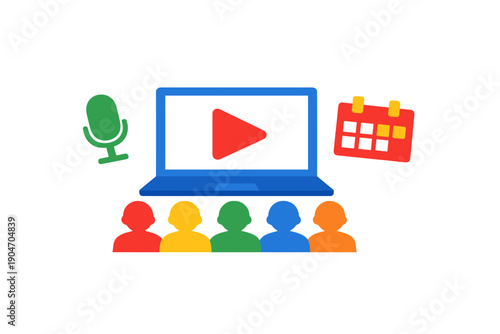 Group of people watching a video on a laptop while planning events with a calendar and microphone in a bright colored setting