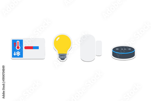 Smart home devices show controls for temperature, lighting, security, and voice assistance in a modern living space