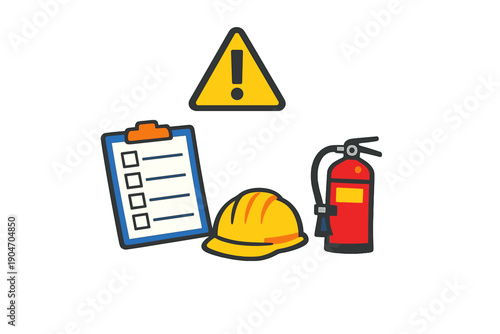 Safety items including a hard hat, fire extinguisher, checklist, and warning sign are grouped together for a worksite safety reminder