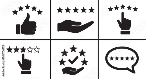 Five star rating and thumb icon set for reviews, feedback and ranking systems, flat vector UI design