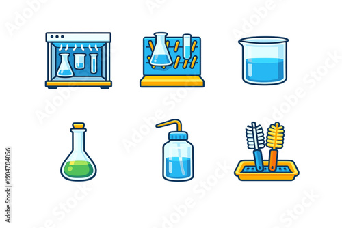 Different laboratory equipment is shown in a collection, including glassware and tools in a simple arrangement for educational purposes