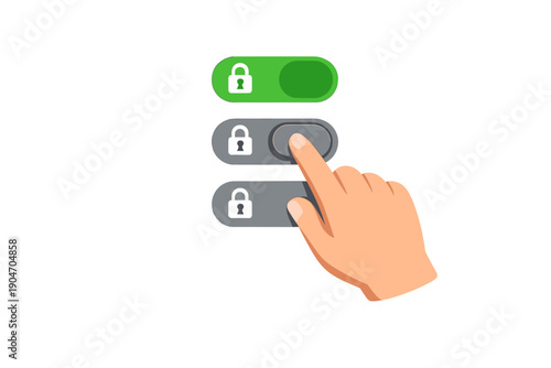 Hand pressing a toggle switch, indicating on and off states in a user interface, showing options for a secure feature in a digital environment