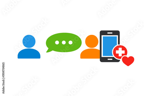 People communicate through messaging while using a mobile device for health care on a simple background