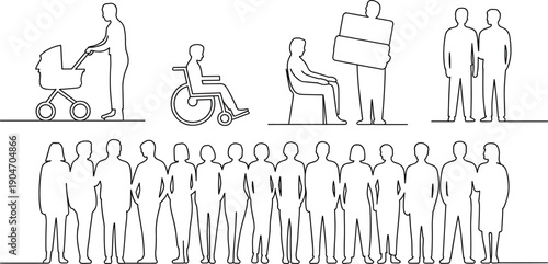 People silhouette line illustration set diverse human figures standing crowd wheelchair stroller social activities vector outline collection