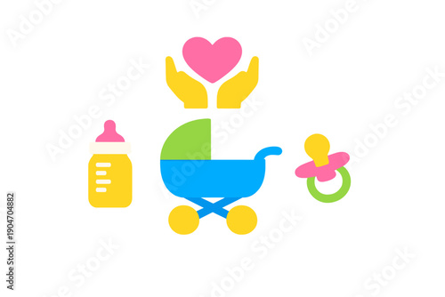 Colorful shapes of baby items including a stroller, bottle, pacifier, and hands holding a heart, representing care and love for infants in a simple design