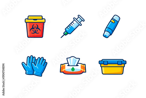 Health and safety items are arranged in a row showing disposal container, syringe, pen, gloves, tissue pack, and storage box for medical use and hygiene practices