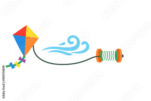 Colorful kite flying in the wind with a spool of string at a bright outdoor setting on a sunny day showcasing fun and play