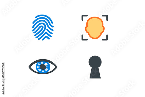 Different security symbols are shown including a fingerprint, a face recognition icon, an eye, and a keyhole, highlighting various methods of identity verification and monitoring