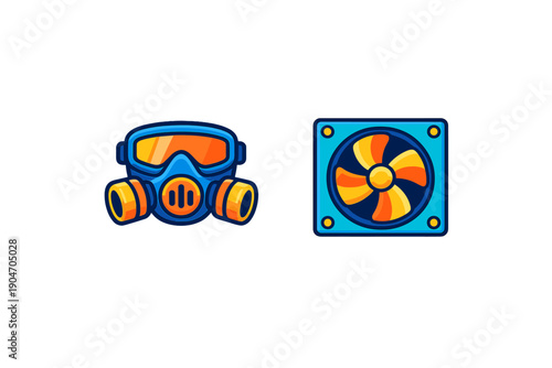 Illustration of a gas mask and a ventilation fan showing safety equipment for air quality control during industrial work or hazardous situations