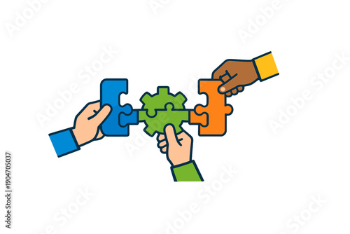 Hands joining puzzle pieces to show teamwork and collaboration in a group project setting