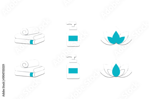 Spa items are shown on a simple background with towels, bottles, and lotus flowers arranged in groups for relaxation and self-care