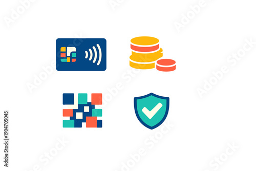 Digital payment icons show contactless card, coins, data block, and security shield in flat design used for financial transactions online