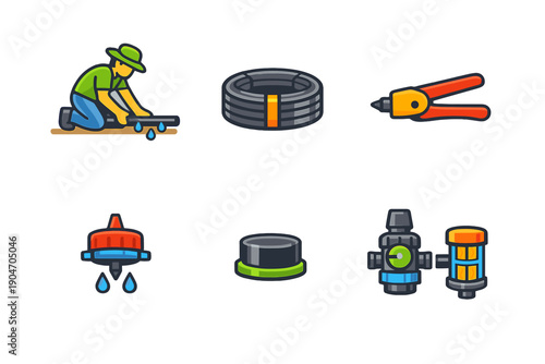 Work takes place on a water pipe at a construction site with tools and equipment shown for plumbing work and maintenance