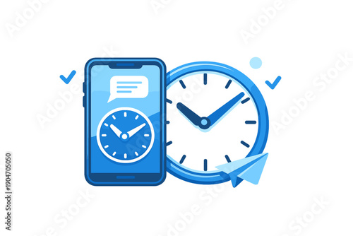 Smartphone shows a clock next to a wall clock, illustrating the concept of time and notifications in a busy urban setting during the day