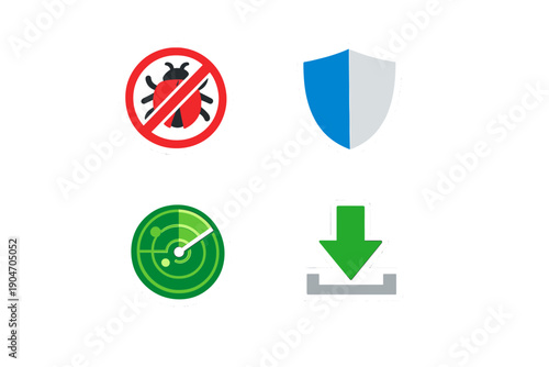Various icons show different security features for devices related to malware protection, network safety, and data downloading