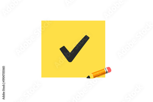 Check mark on yellow sticky note with pencil in the corner for marking tasks and reminders in an office setting during work hours
