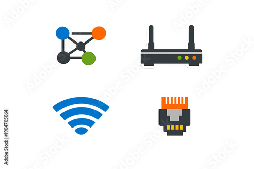 Icons of networking technology showing wireless signal, network connection, router, and Ethernet cable in a simplistic design on a white background