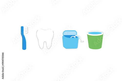 Toothbrush, tooth, dental floss, and cup represent dental care routine at home for oral hygiene