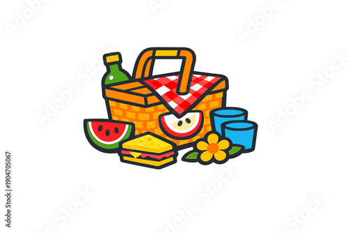 Enjoying time outdoors with a picnic basket filled with food, drinks, fruits, and flowers under bright sun