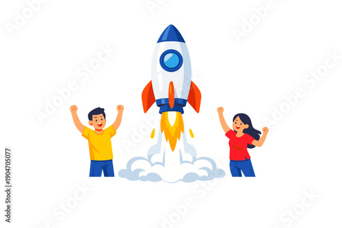 People celebrating rocket launch at a space-themed event happening outdoors during the daytime with a clear sky