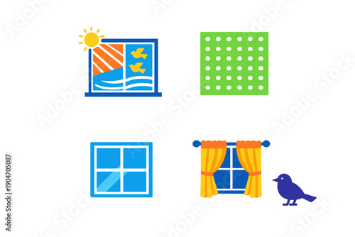 Design elements showing various types of windows and curtains along with a bird illustration in a colorful layout used for graphics and decoration