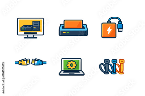 Various technology items are shown on a plain background including a computer, printer, power bank, cables, and laptop with tools
